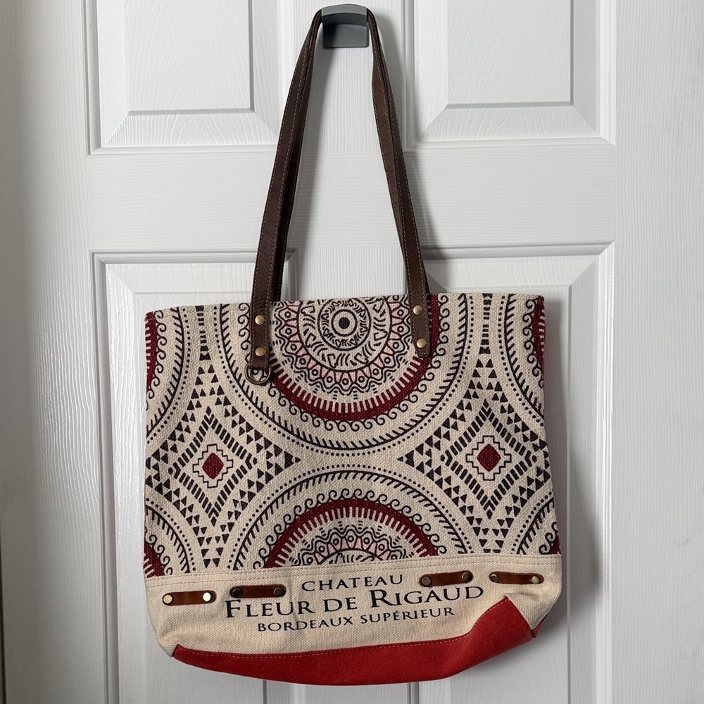 Myra Bag Canvas Tote in Cream, Burnt Orange, & Brick Red with leather accents